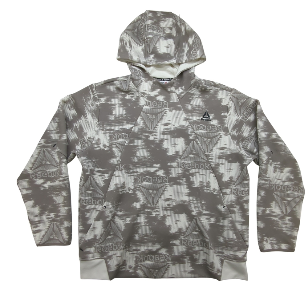 Reebok Hoodie Mens 2XL Pullover Gray White Logo Patterned Sweatshirt Athletic